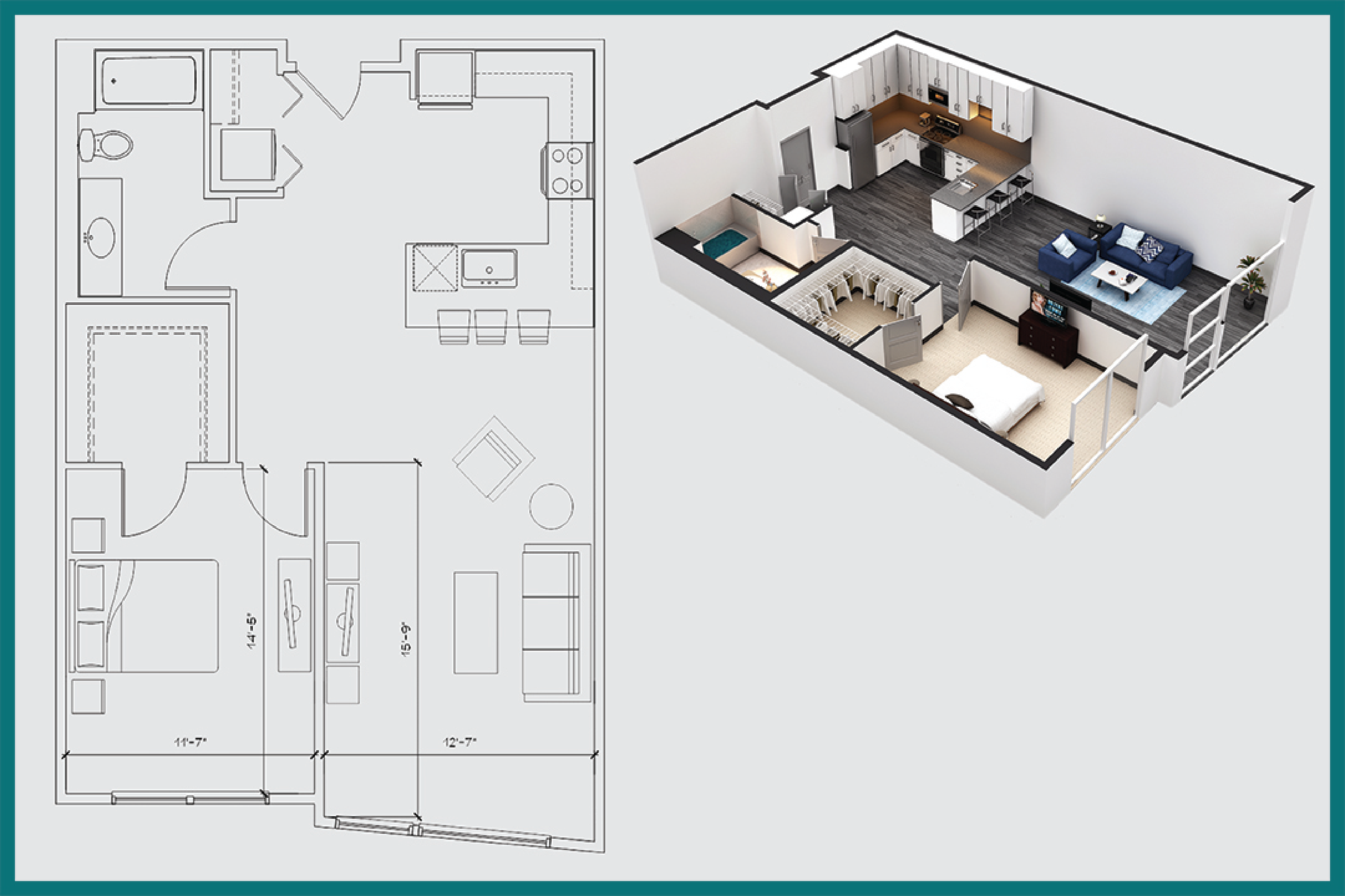 Floor plan for 1 bed, 1 bath, 779 sqft